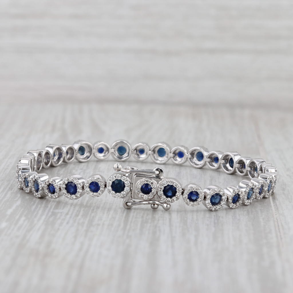 Gray New 6.22ctw Sapphire Diamond Halos Tennis Bracelet 14k White Gold 7.25" 5.6mm