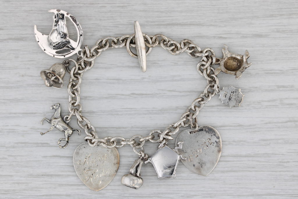 Gray Vintage Silver Souvenir Charm Bracelet 6.75" Turtle Ladybug Heart Horse Sterling