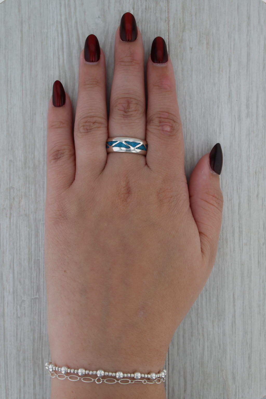Imitation Turquoise Blue Resin Mosaic Inlay Ring Sterling Silver Size 9 Band