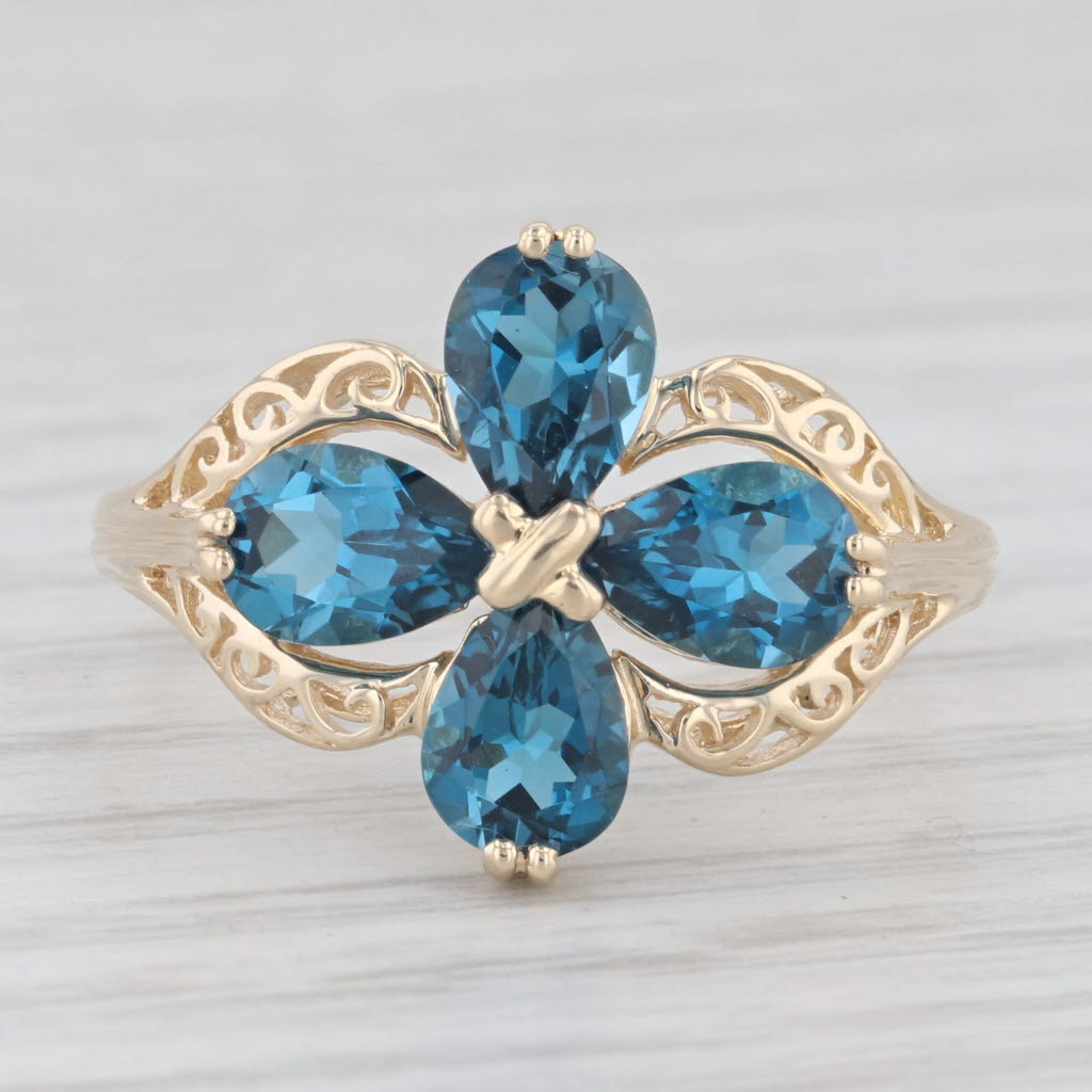 Light Gray 3.20ctw London Blue Topaz Flower Ring 14k Yellow Gold Size 10.25