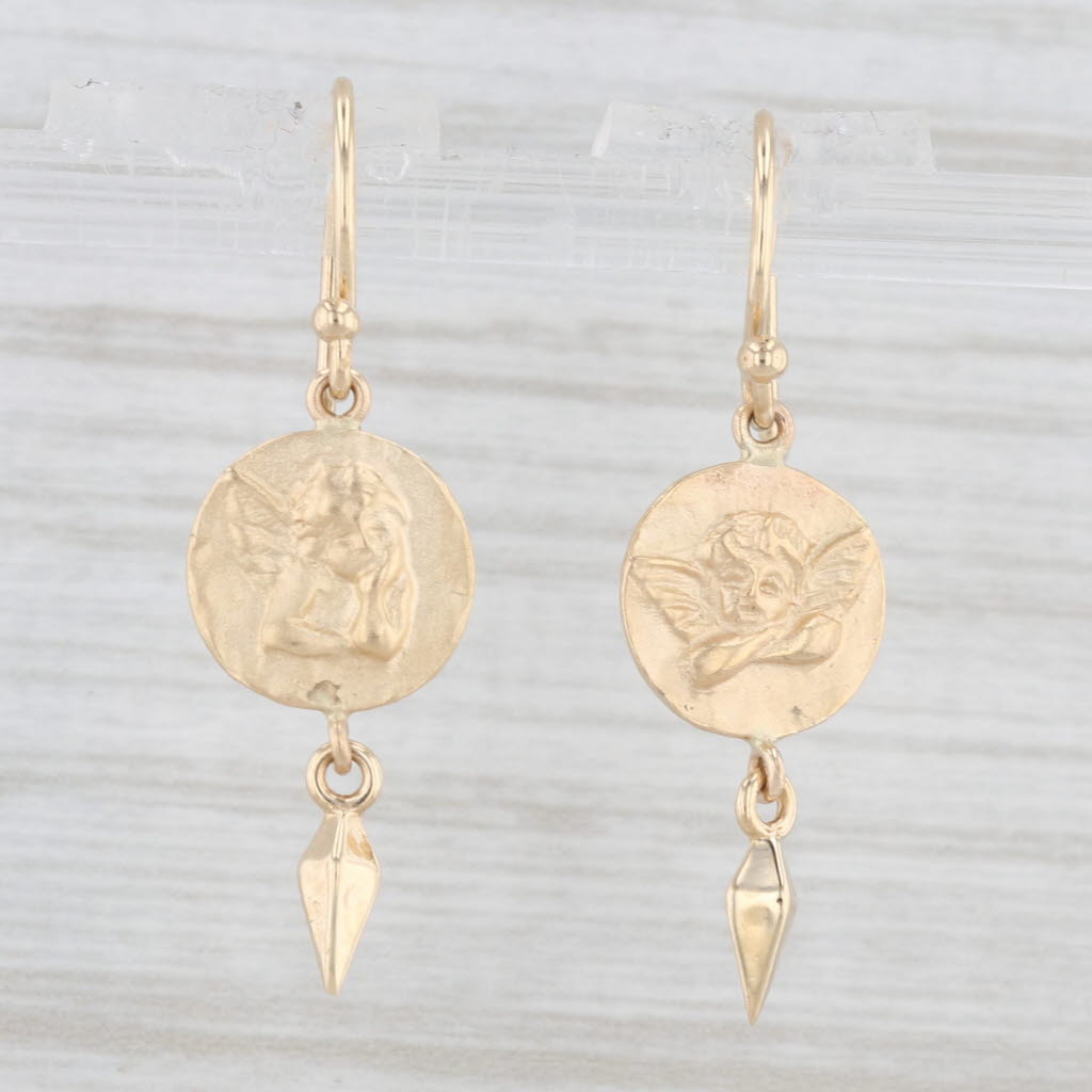 Light Gray Cherub Coin Dangle Earrings 14k Yellow Gold Hook Posts