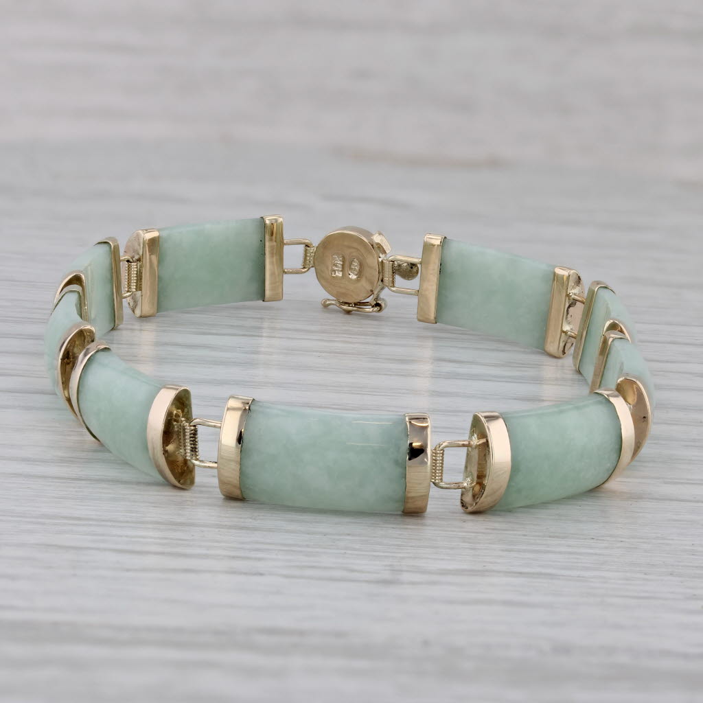 Gray Green Jadeite Jade Bar Link Bracelet 10k Gold 7.25" Chinese Good Fortune