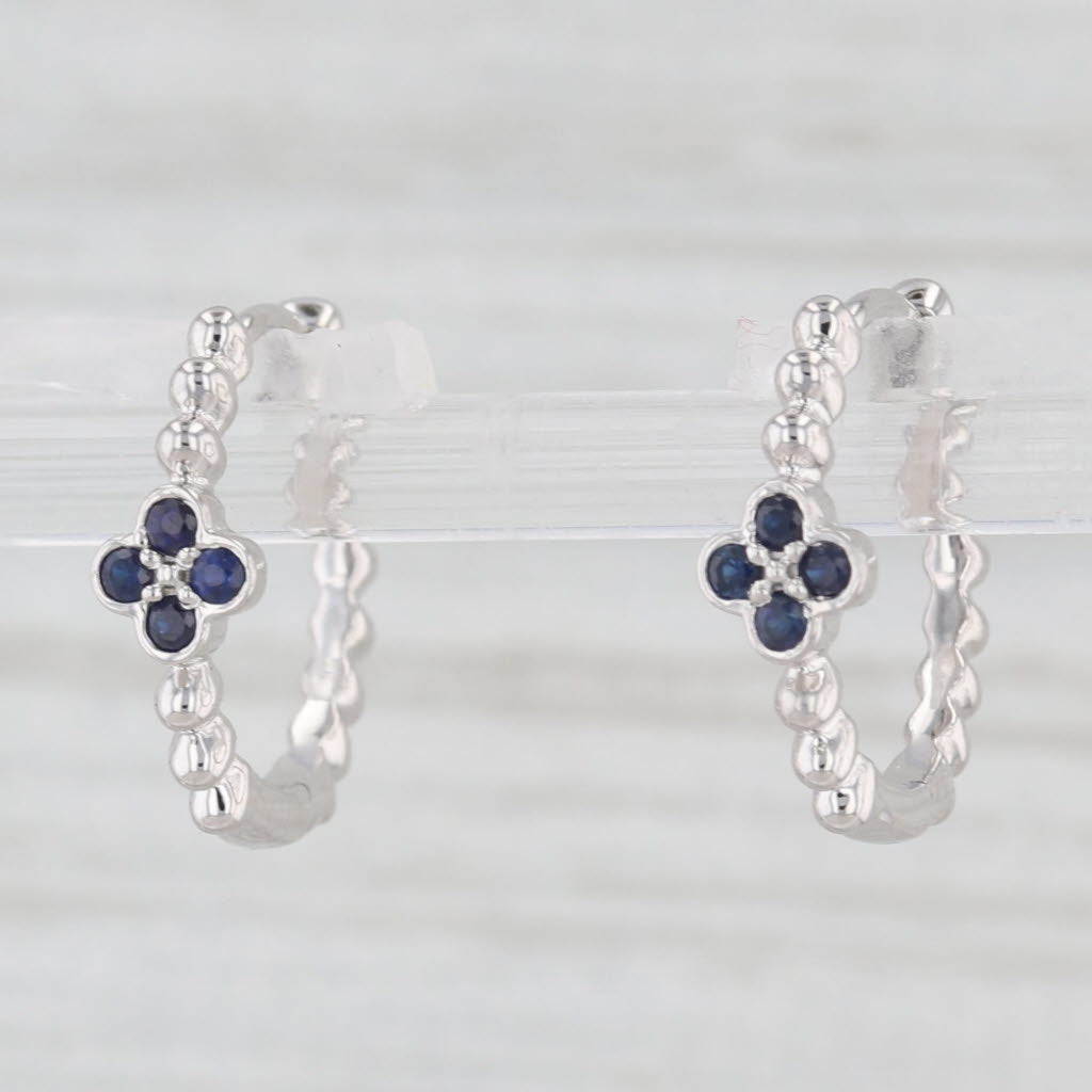 Light Gray New 0.15ctw Blue Sapphire Flower Hoop Huggie Earrings 10k White Gold Round Hoops