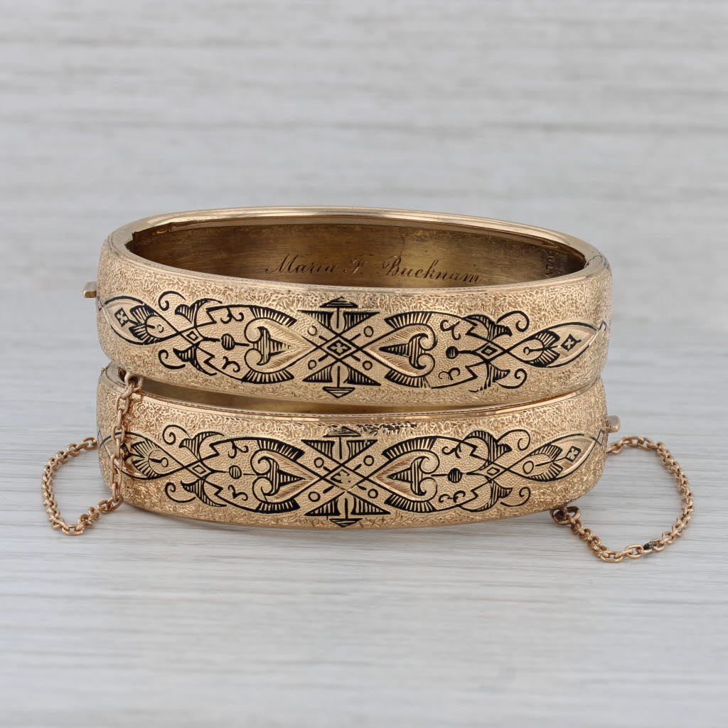 Victorian Taille d'Epargne Enamel Bangle Bracelets with Box 14k Gold Engraved