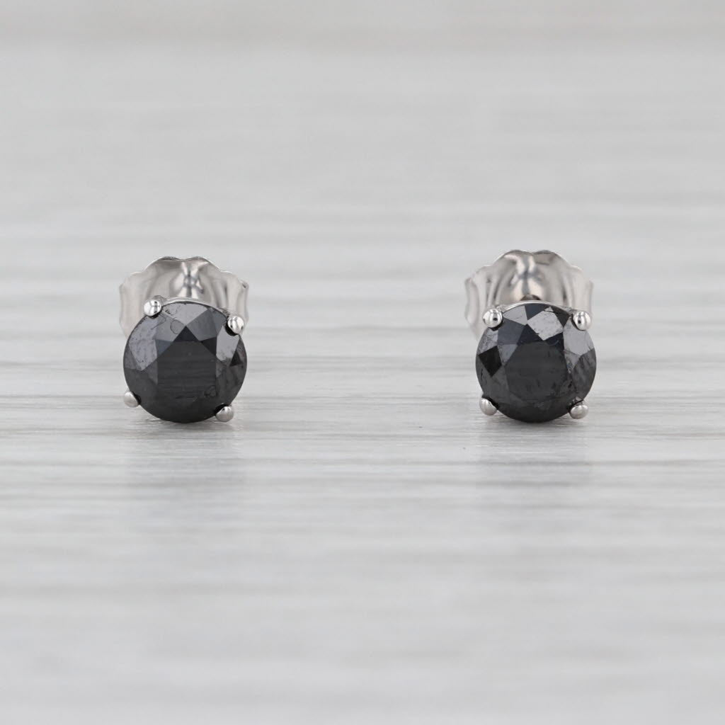 1.37ctw Black Diamond Stud Earrings 10k White Gold Round Solitaire Studs