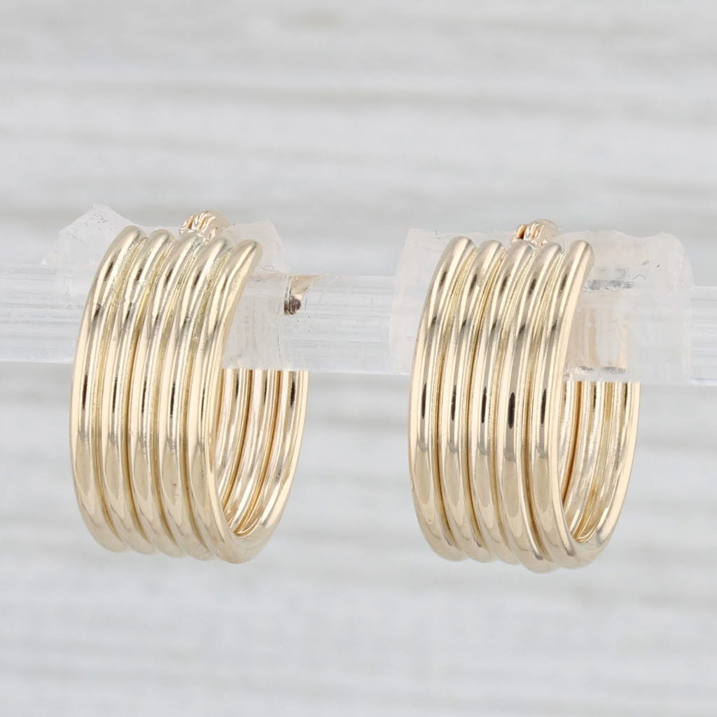 Light Gray Beveled Hoop Huggie Earrings 14k Yellow Gold Snap Top Round Hoops