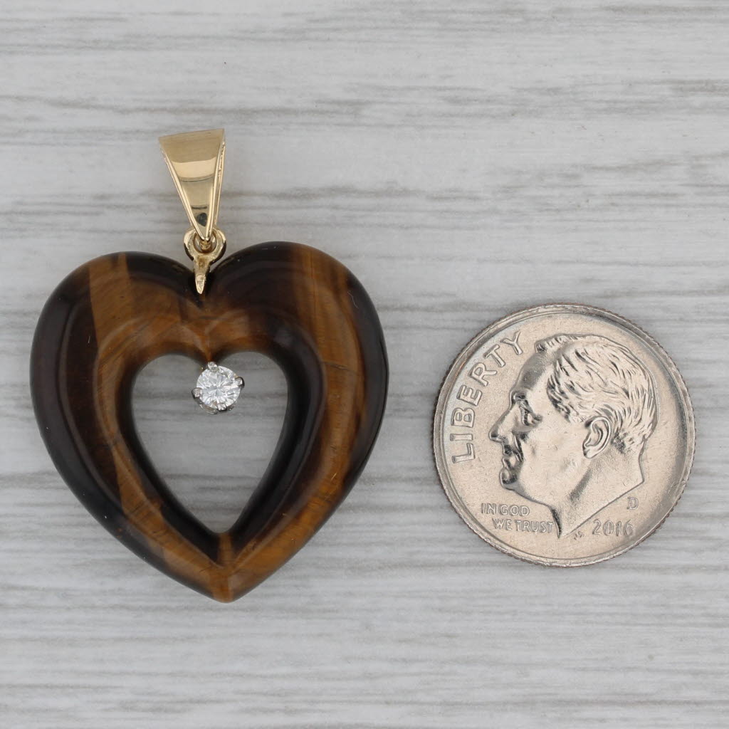 Gray Tiger's Eye Open Heart Diamond Pendant 18k Yellow Gold