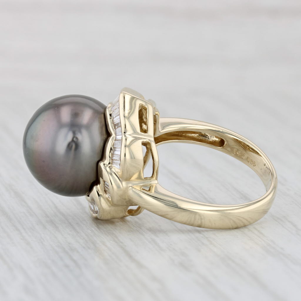 Light Gray Cultured Gray Pearl Diamond Halo Ring 14k Yellow Gold Size 6.75 Cocktail