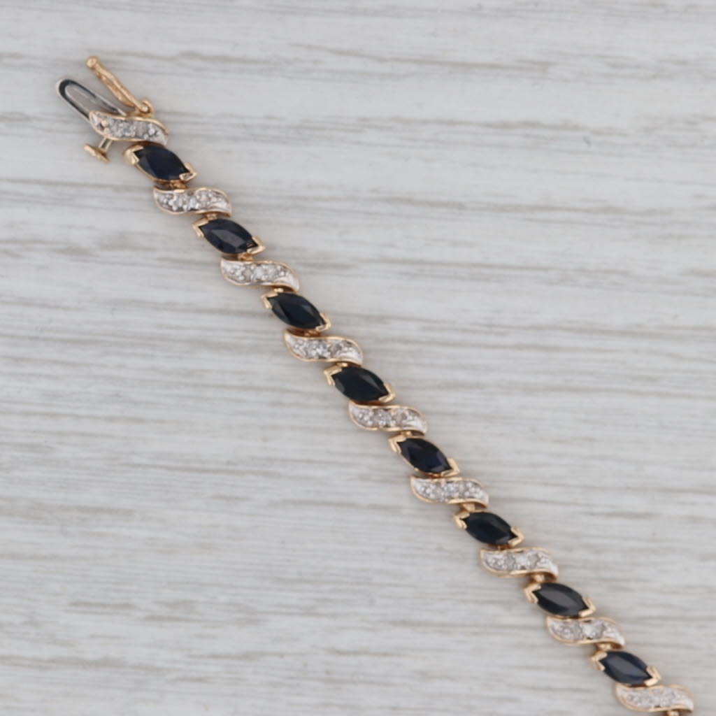 6.69ctw Blue Sapphire Diamond Scalloped Tennis Bracelet 14k Yellow Gold 6.75"