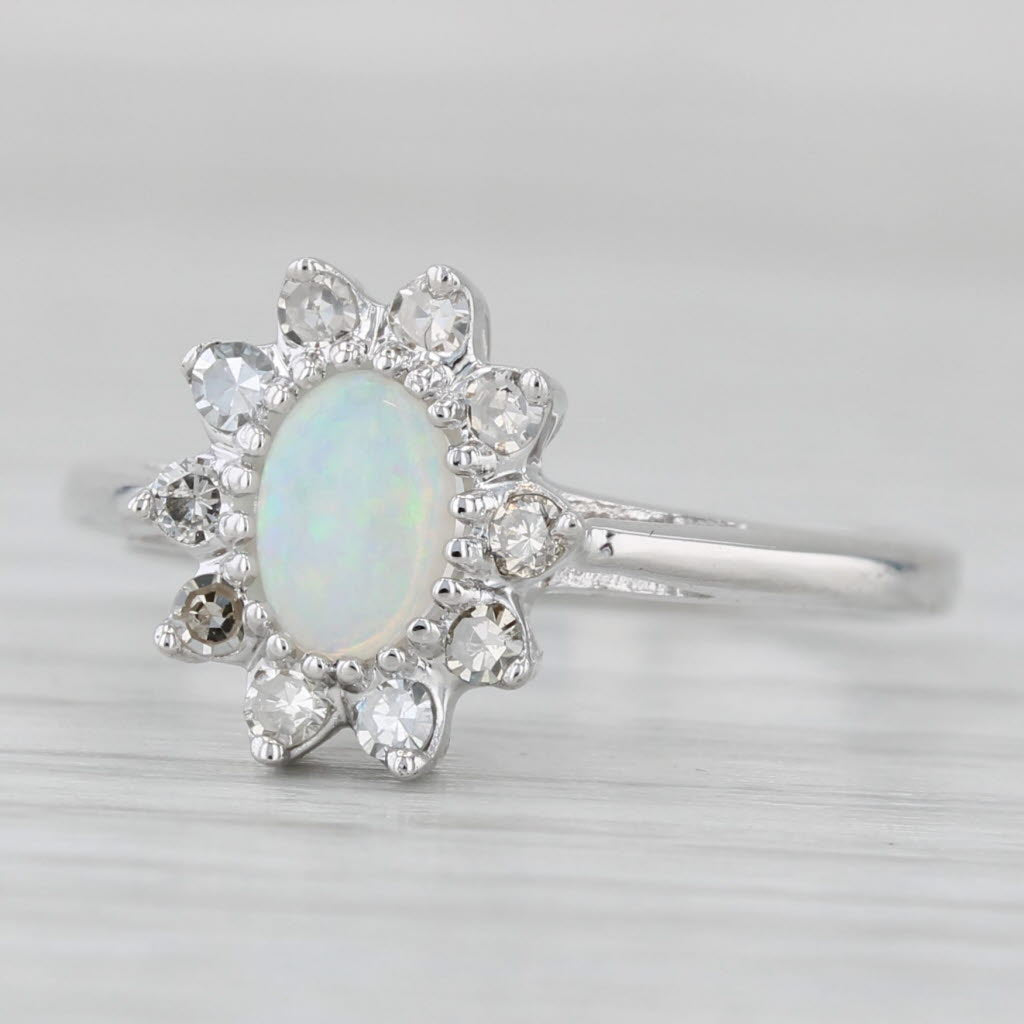 Light Gray Opal Cabochon 0.20ctw Diamond Halo Ring 14k White Gold Size 6.5
