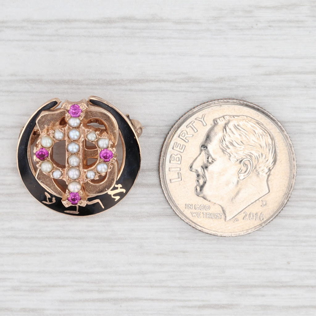 Light Gray Gamma Phi Beta Badge 10k Yellow Gold Sorority Pearls Synthetic Sapphire Pin