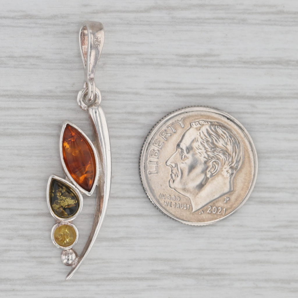 Gray Multicolor Amber Cabochon Abstract Drop Pendant Sterling Silver
