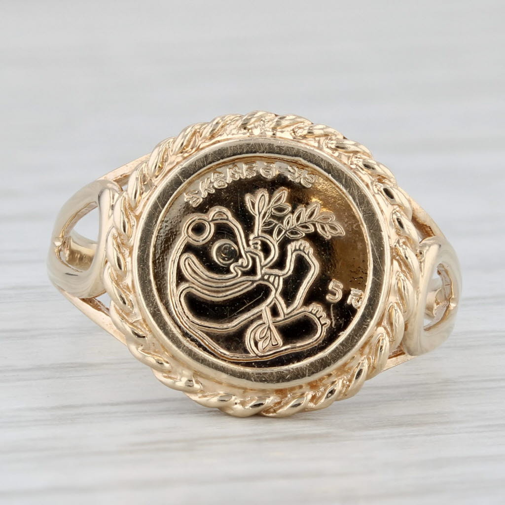 Light Gray Chinese Panda Coin Copy Ring 10k Yellow Gold Size 6.25