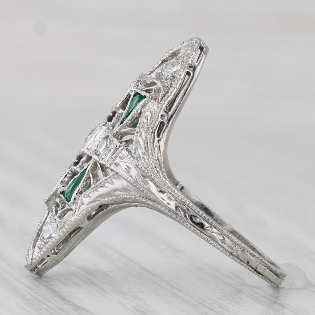 Light Gray Art Deco 0.40ctw Diamond Lab Created Emerald Ring Platinum Filigree Size 6