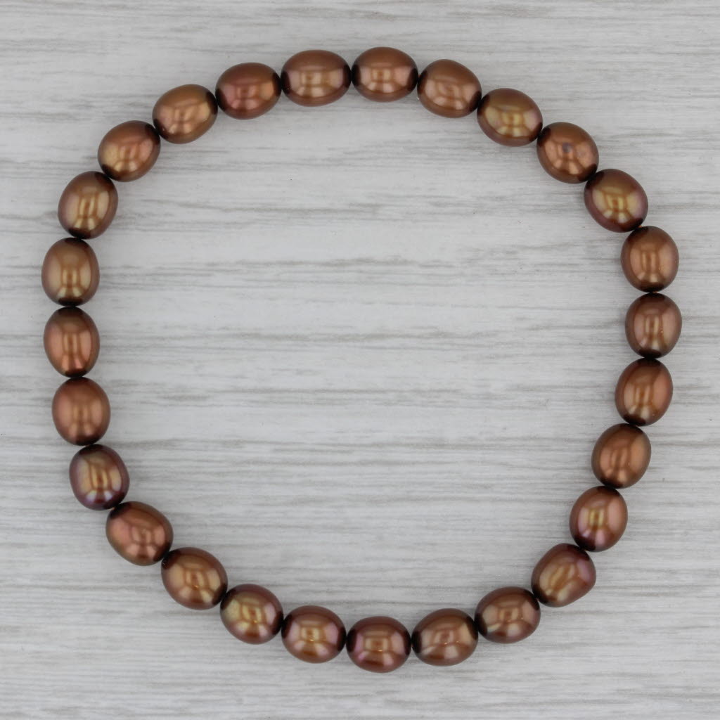 Dark Gray Bronze Brown Cultured Pearl Single Strand Bead Bracelet 7" Stretch Band