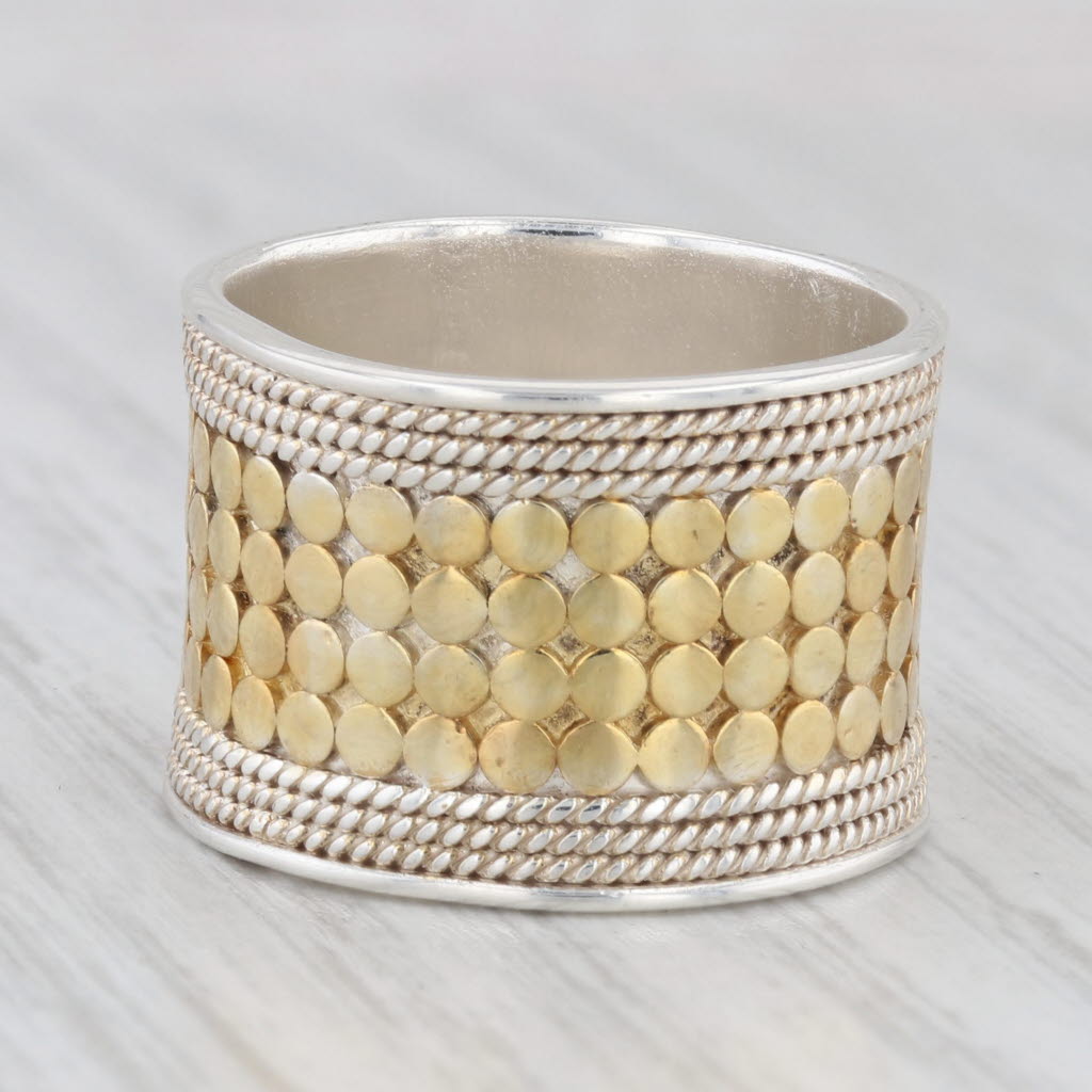 Light Gray Anna Beck Classic Wide Band Dots Ring Sterling Silver Gold Plated Size 8