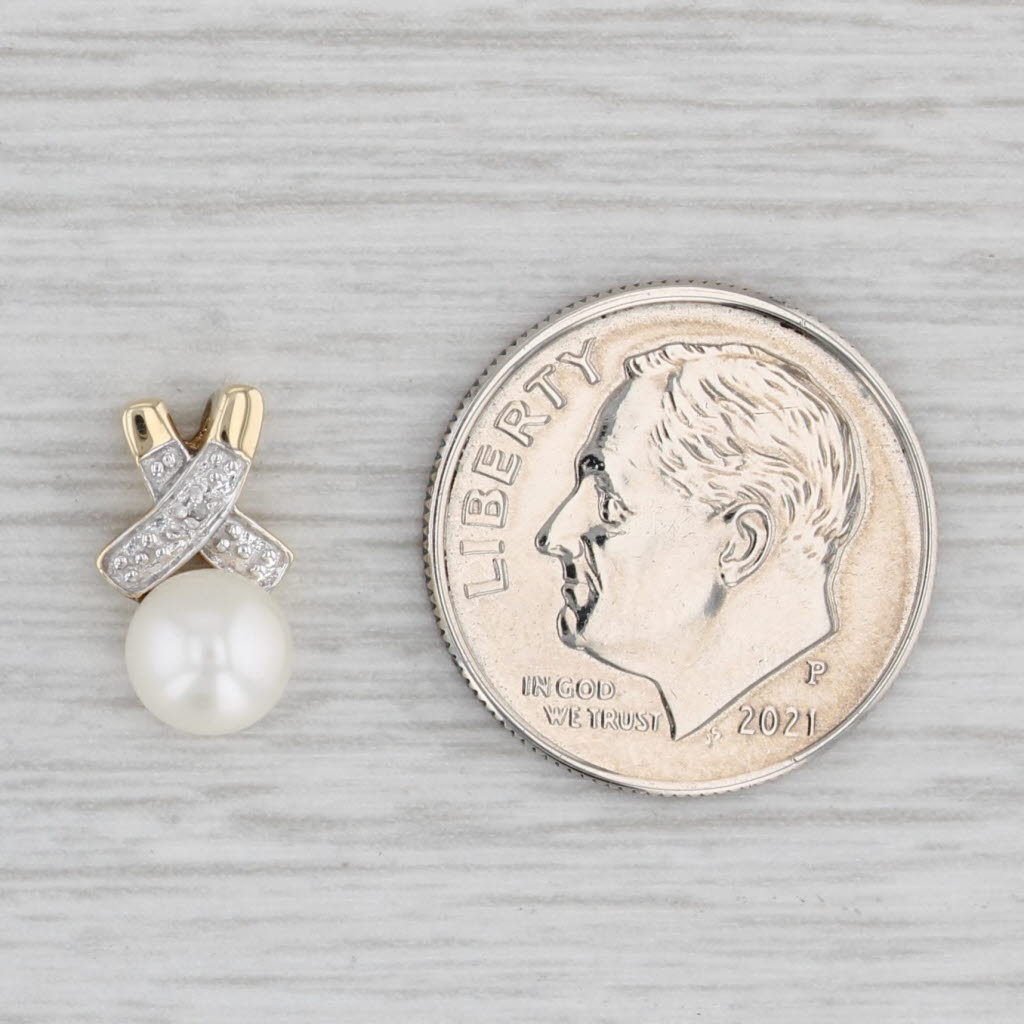 Light Gray Cultured Pearl Diamond Pendant 10k Yellow Gold Small Drop