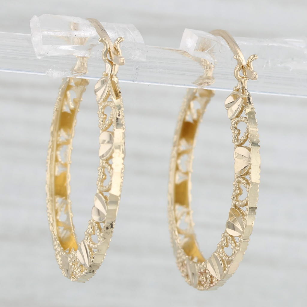 Light Gray Heart Pattern Hoop Earrings 14k Yellow Gold Snap Top Round Hoops