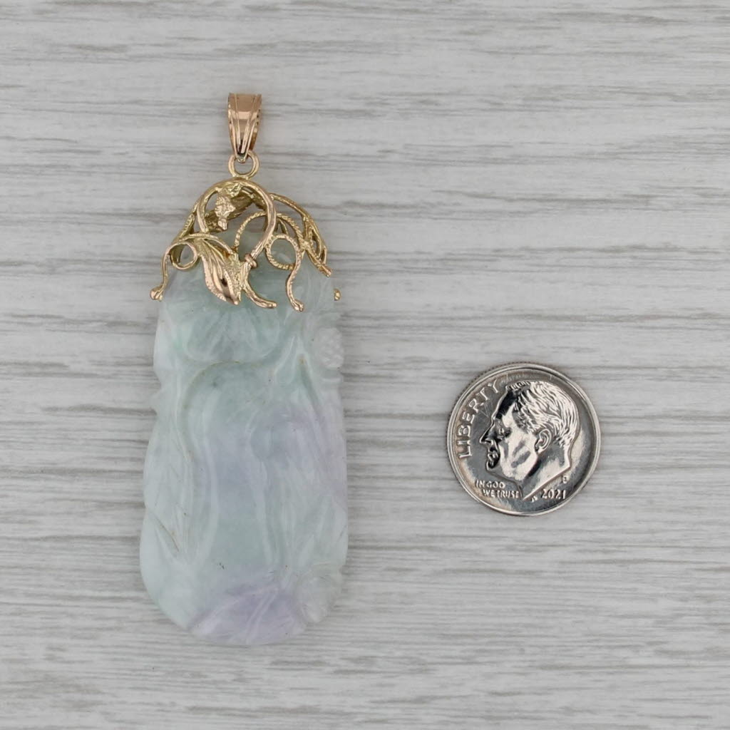 Carved Green Jadeite Jade Pendant 14k Yellow Gold Ornate Statement