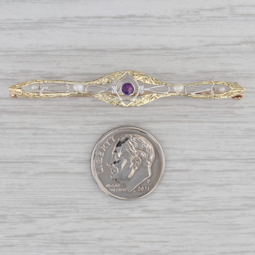 Gray Vintage Seed Pearl 0.10ct Amethyst Ornate Bar Pin 14k Gold Brooch