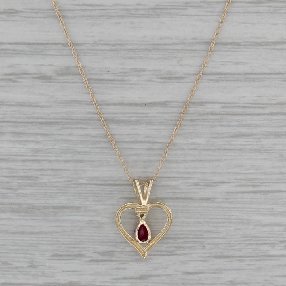 0.13ct Ruby Open Heart Pendant Necklace 10k Yellow Gold 18" Rope Chain