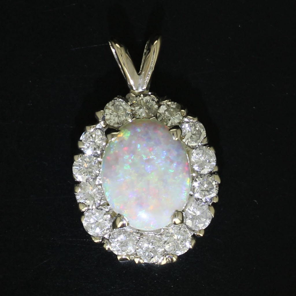 Gray Opal 0.85ctw Diamond Halo Pendant 14k White Gold Oval Cabochon Drop