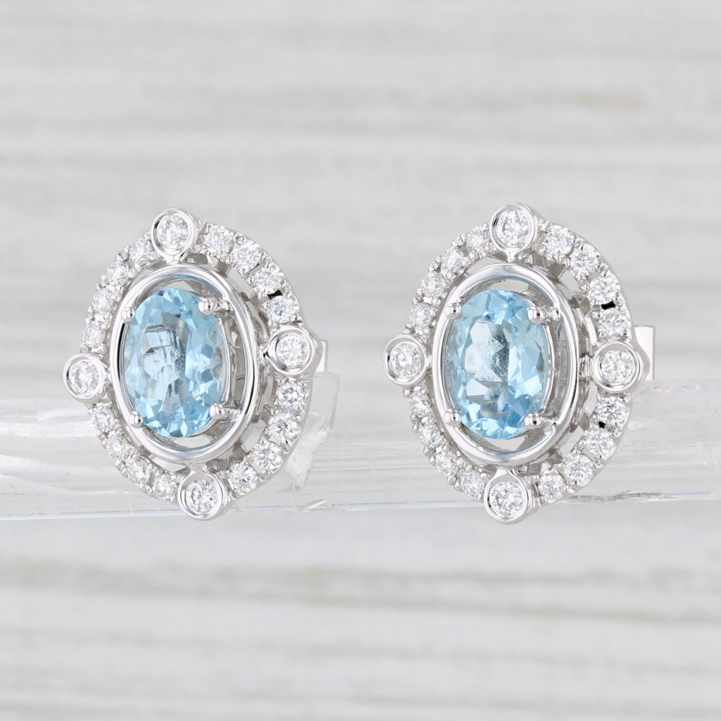 Light Gray New 1.83ctw Oval Aquamarine Diamond Halo Stud Earrings 14k White Gold