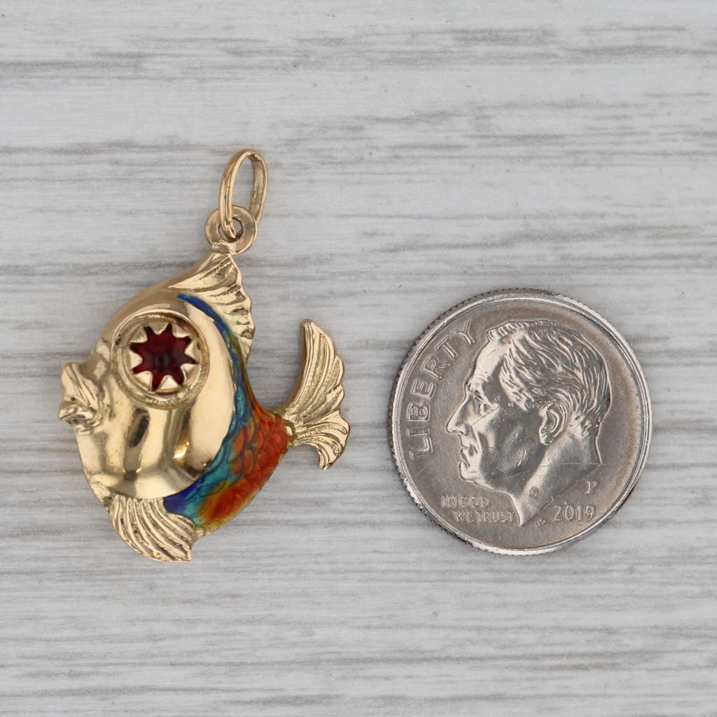Gray Glass Eyed Fish Charm 18k Yellow Gold Enamel Pendant