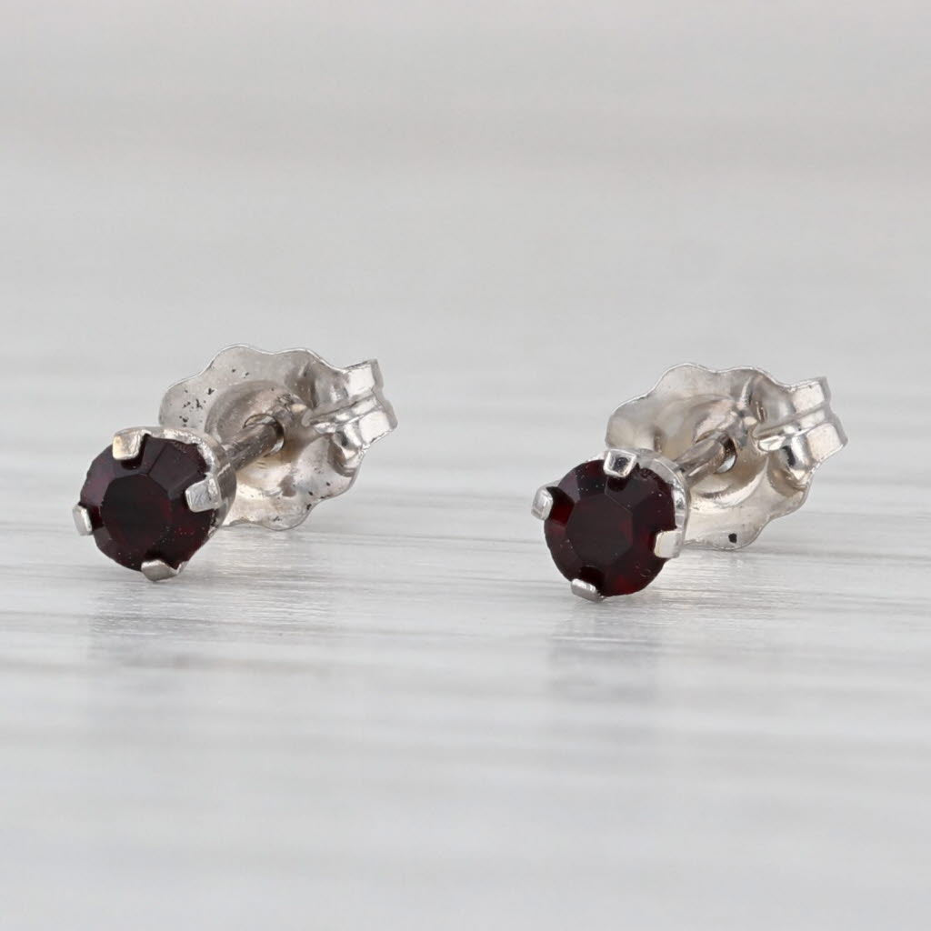 Red Glass Imitation Garnet Stud Earrings 14k White Gold Round Solitaire Studs