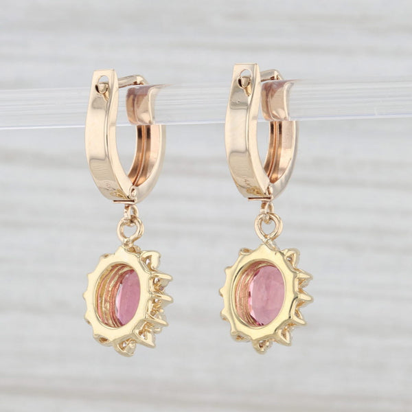 2.11ctw Pink Tourmaline Diamond Halo Dangle Earrings 14k Yellow Gold Snap Top