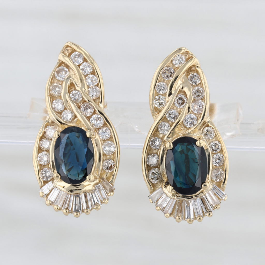 2.50ctw Blue Sapphire Diamond Drop Earrings 14k Yellow Gold Omega Backs