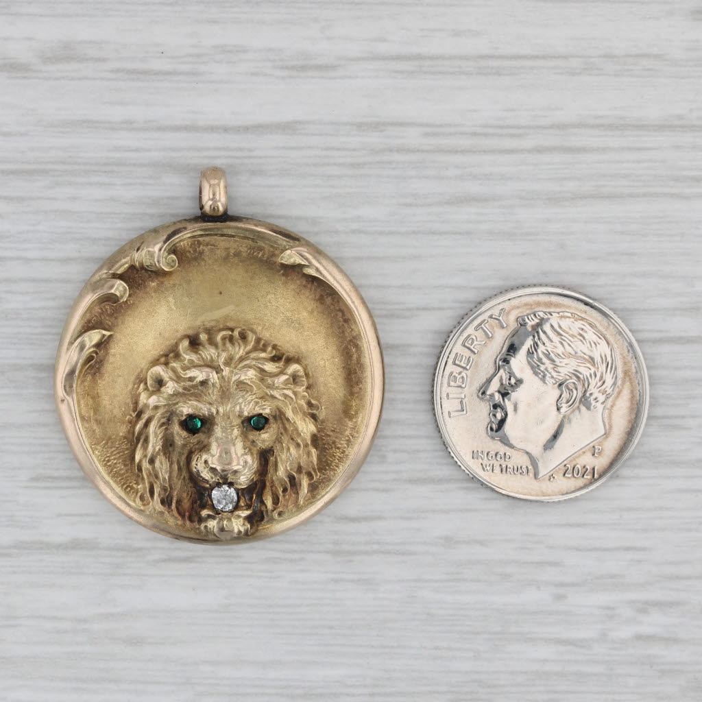 Gray Antique Lion Pendant Medallion 10k Yellow Gold Diamond Engraved Charm