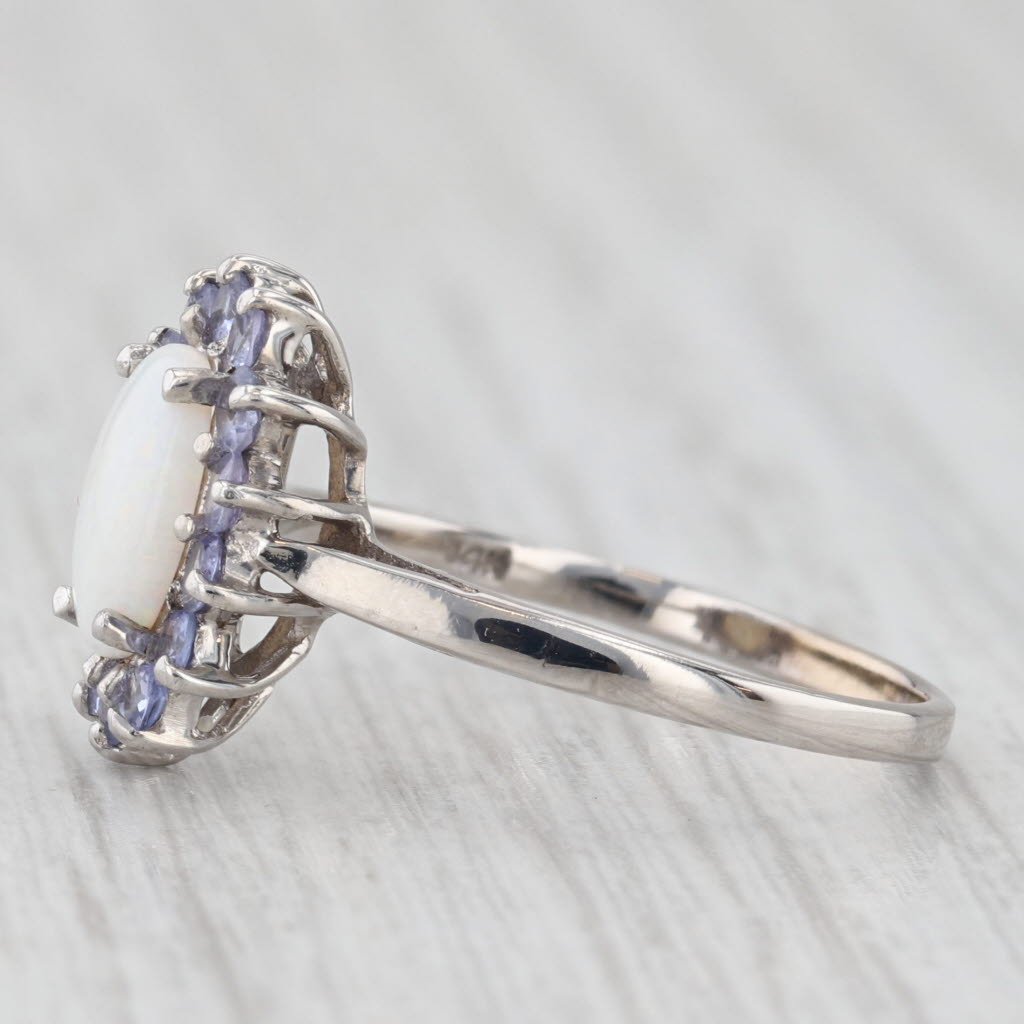 Light Gray Oval Opal Cabochon Tanzanite Halo Ring 14k White Gold Size 6.75