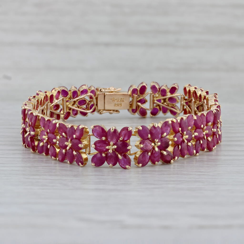 Gray 38ctw Ruby Flower Tennis Bracelet 14k Yellow Gold 7.5" 10.9mm
