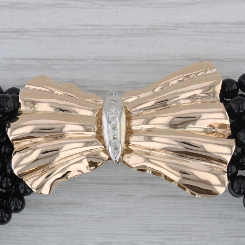 Dark Gray Woven Onyx Bead Statement Necklace Diamond Bow Pendant Brooch 14k Gold 15.5"