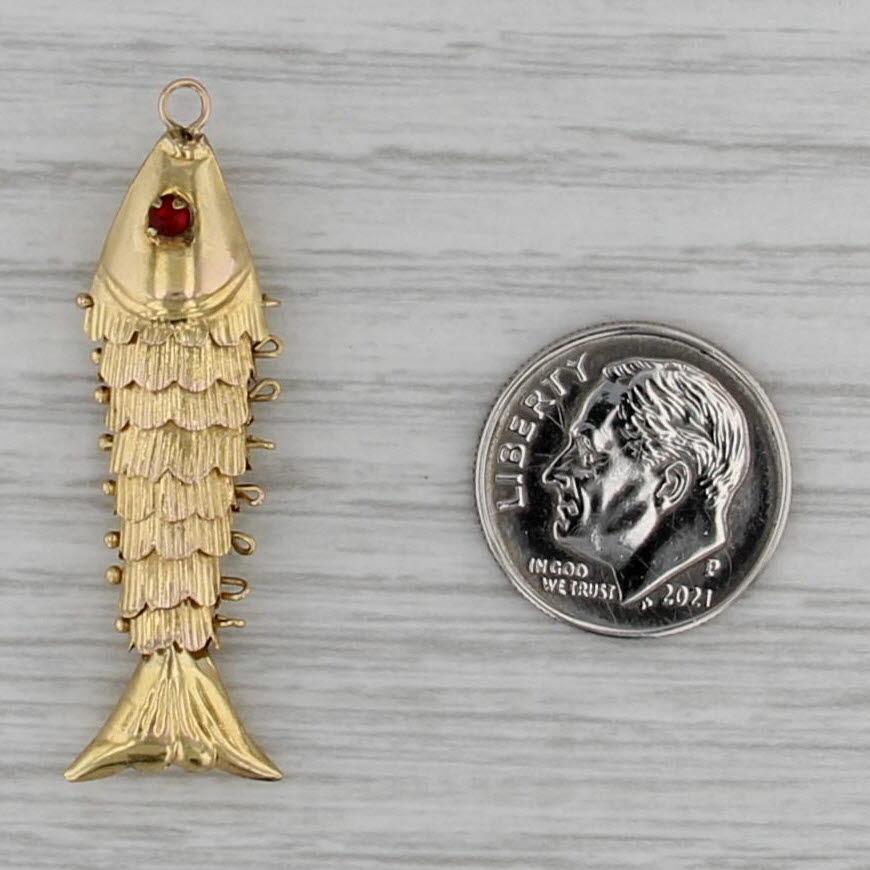 Articulating Fish Pendant 14k Yellow Gold Charm Red Glass Eye