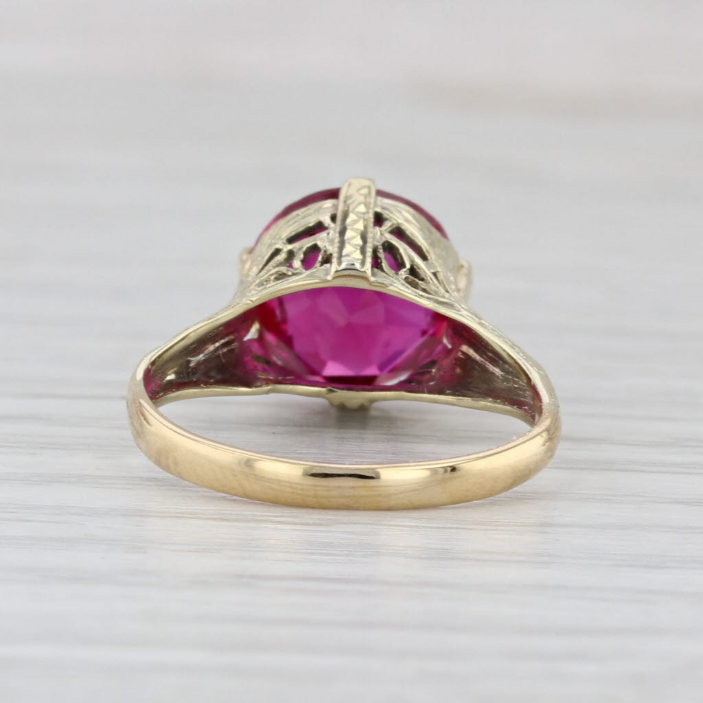 Vintage Lab Created Ruby Filigree Ring 18k Yellow Gold Size 5.5 Round Solitaire