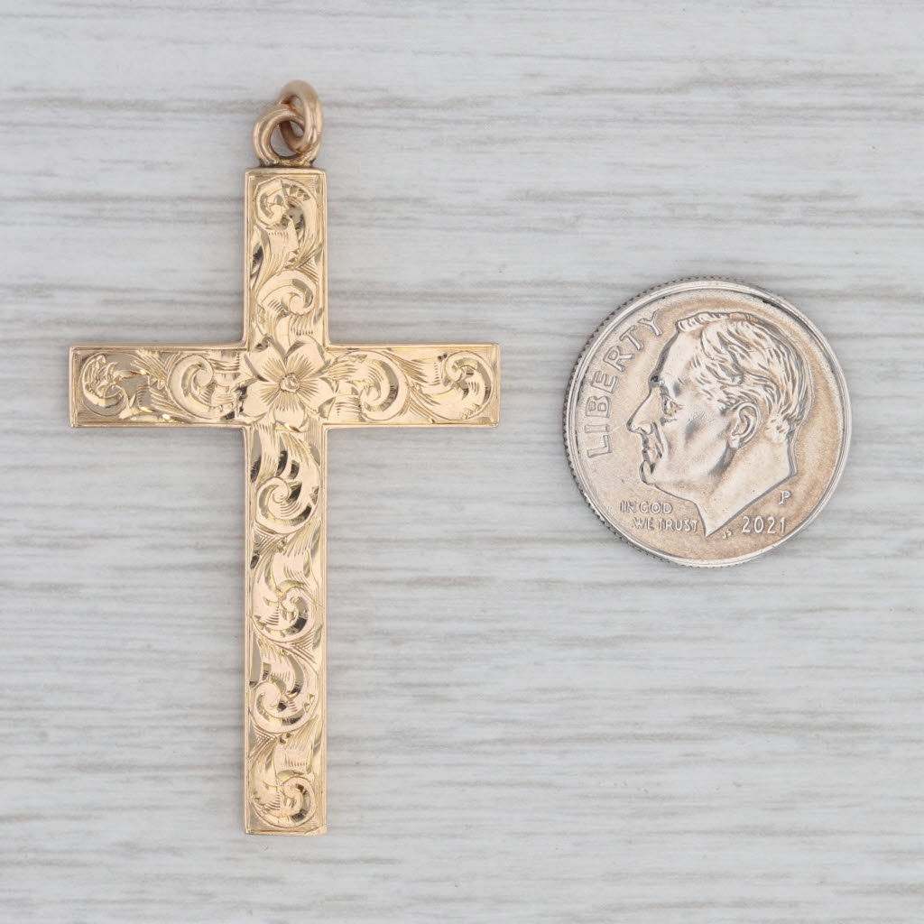Gray Antique Floral Hand Engraved Cross Pendant 10k Yellow Gold Reversible Engravable