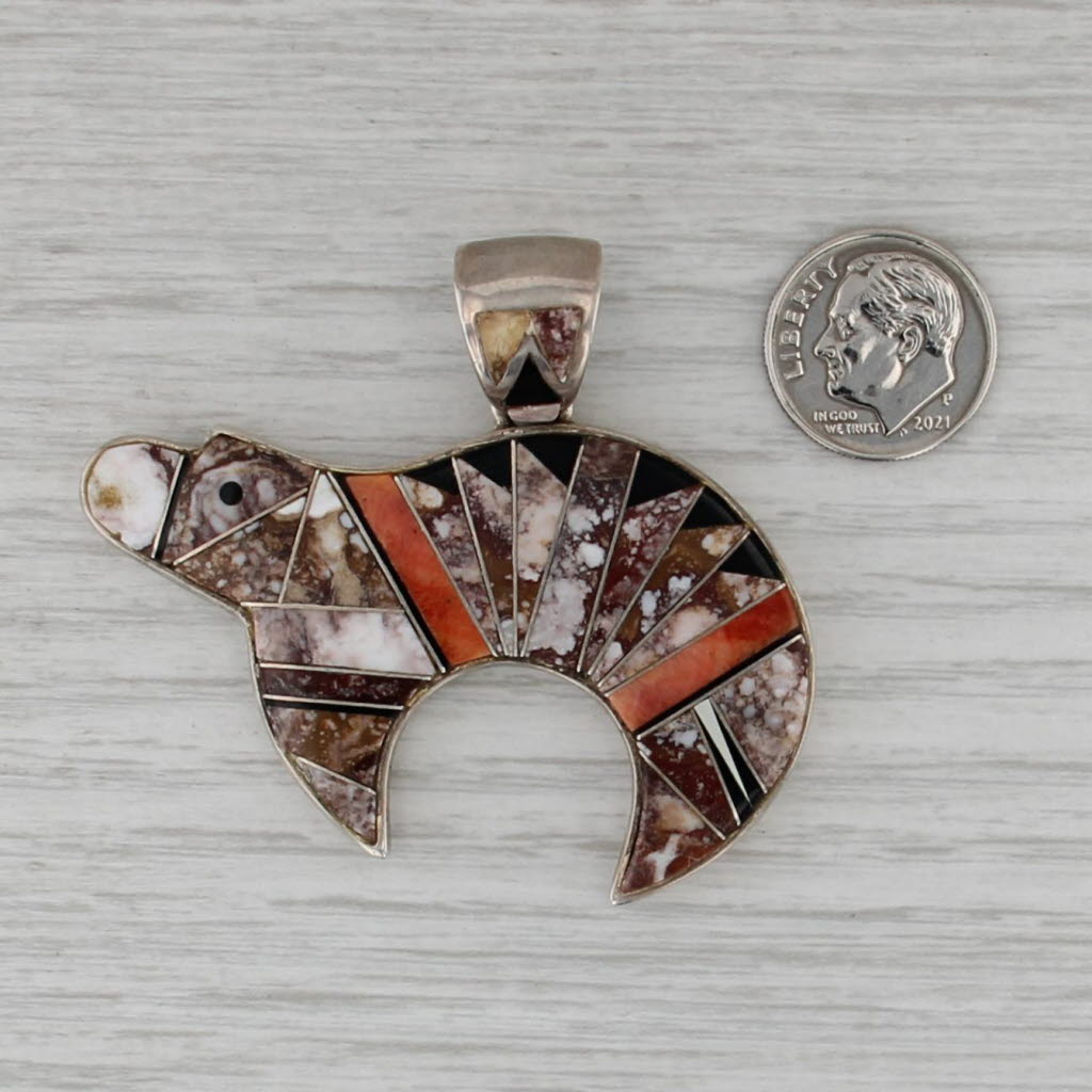 Mia Bear Stone Shell Mosaic Pendant Sterling Silver Native American