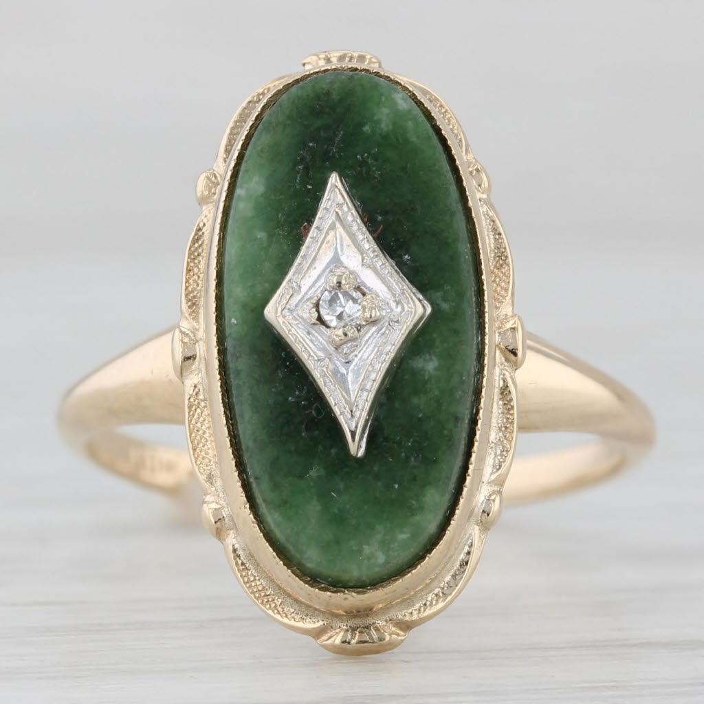 Light Gray Nephrite Jade Diamond Signet Ring 10k Yellow Gold Size 5.75 Vintage