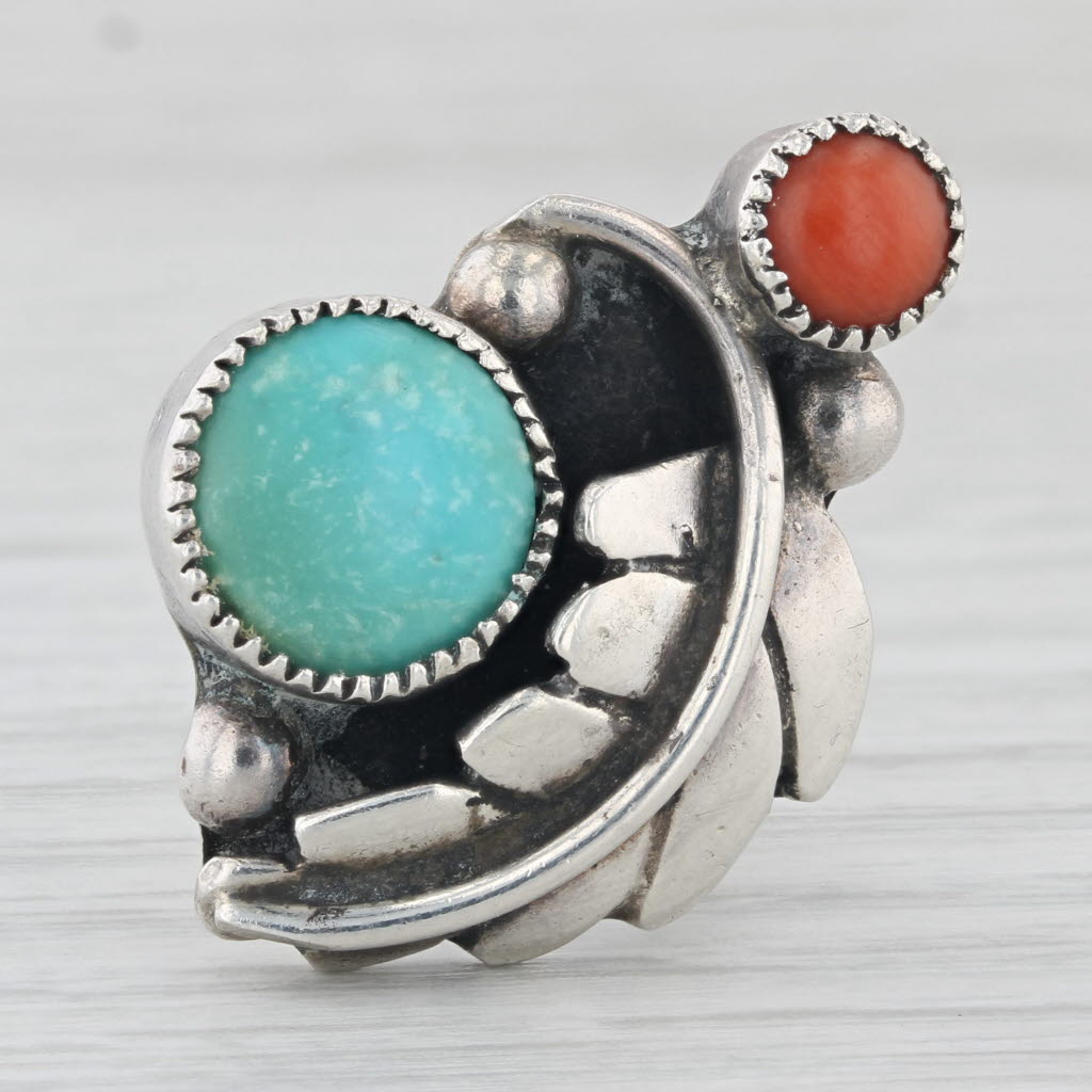 Light Gray Vintage Native American Turquoise Coral Leaf Statement Ring Sterling Silver