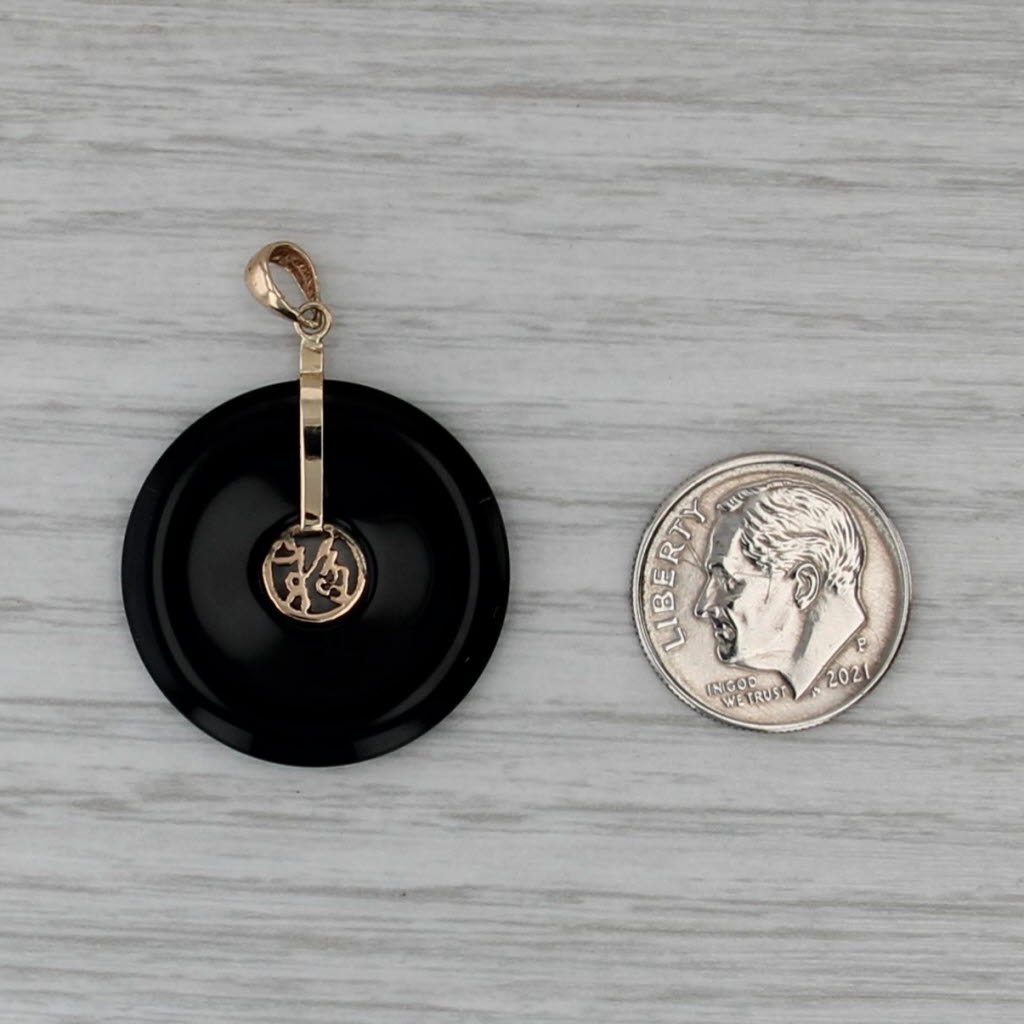 Onyx Hololith Good Luck Chinese Calligraphy Pendant 14k Yellow Gold