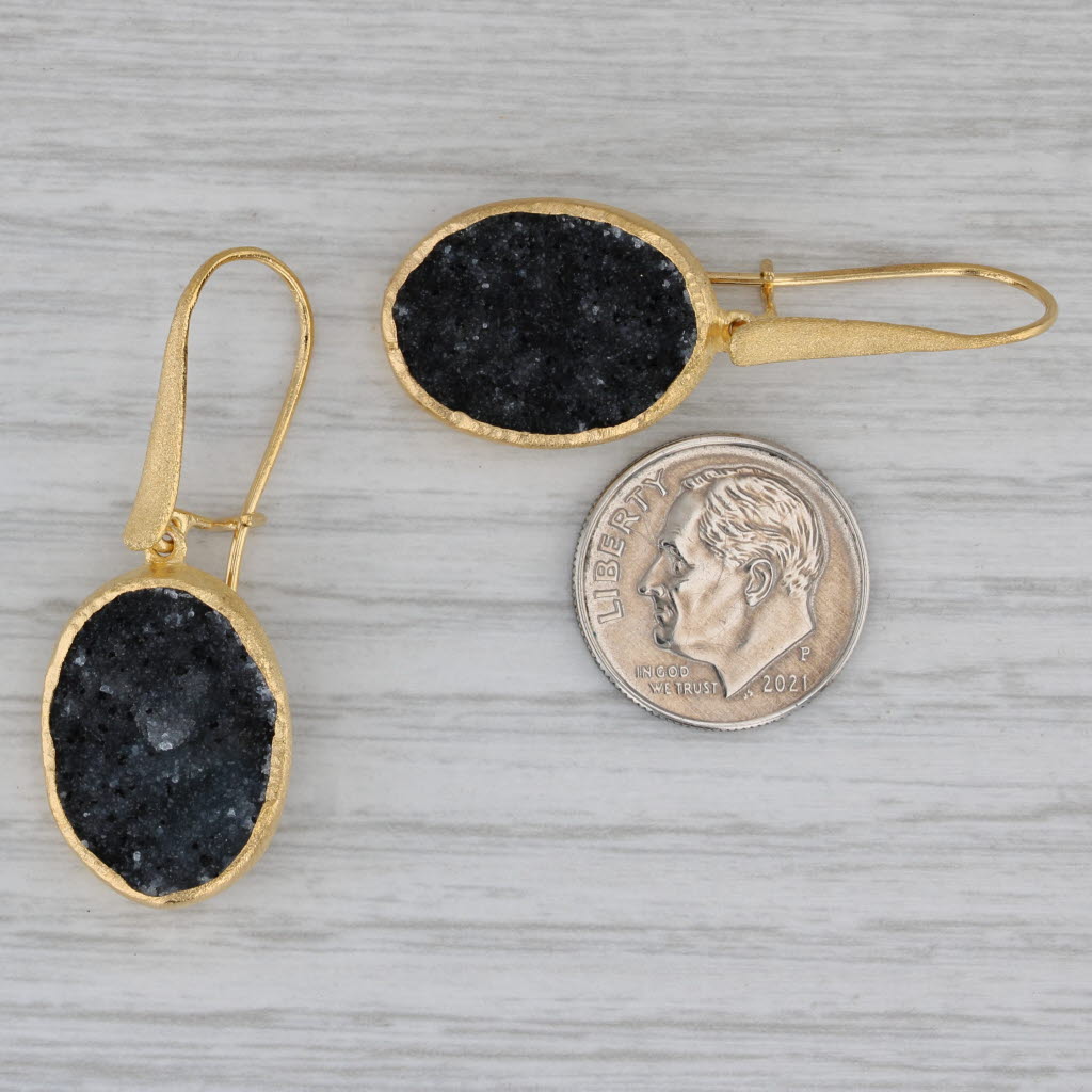 New Nina Wynn Black Druzy Quartz Dangle Earrings Sterling Silver Gold Plated