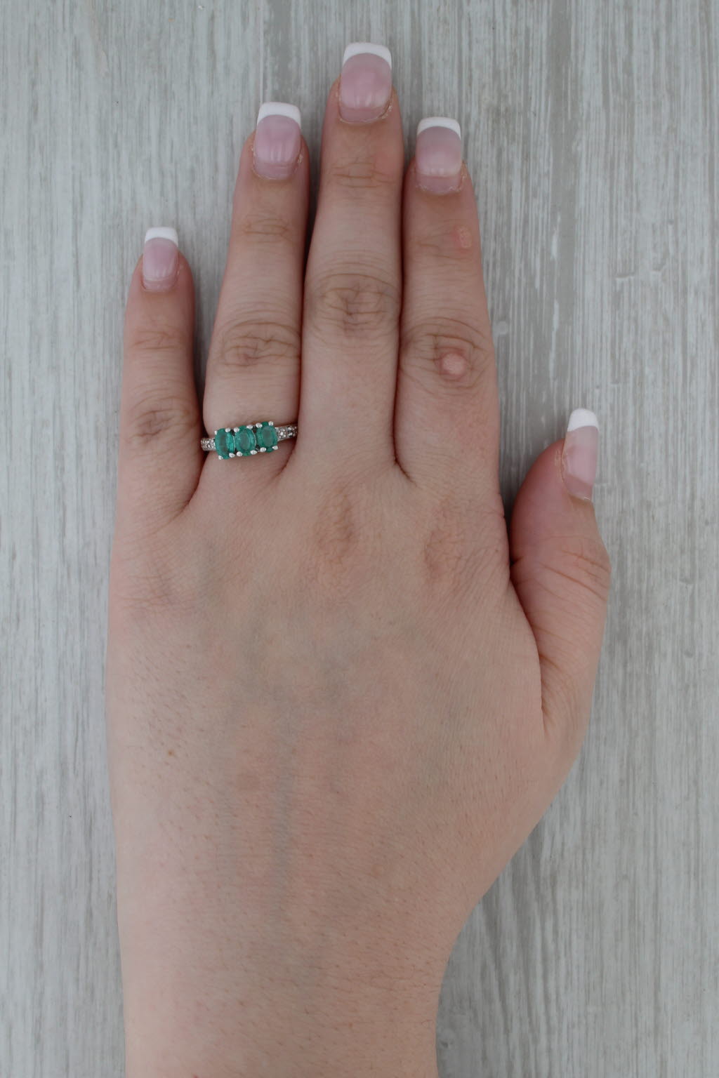 1.05ctw 3-Stone Emerald Ring Sterling Silver Diamond Accents Size 6 COA