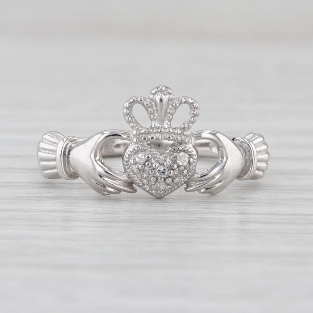Diamond Accented Irish Claddagh Ring 10k White Gold Size 7.25