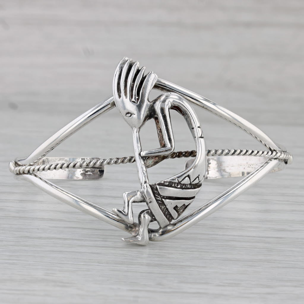 Gray Kokopelli Tirbal Figural Cuff Bracelet Sterling Silver Statement 6.75"