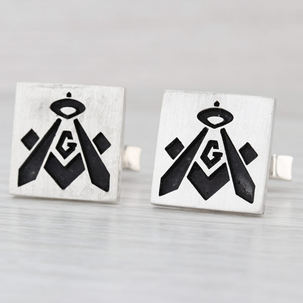 Masonic Cufflinks Sterling Silver Blue Lodge Square Compass Stencil Vintage Mens