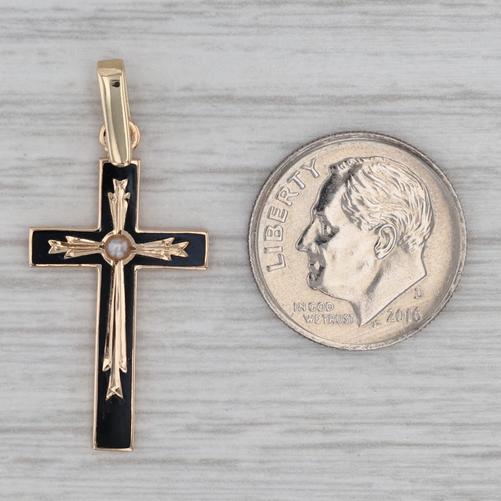 Gray Vintage Enamel Pearl Cross Pendant 14k Yellow Gold