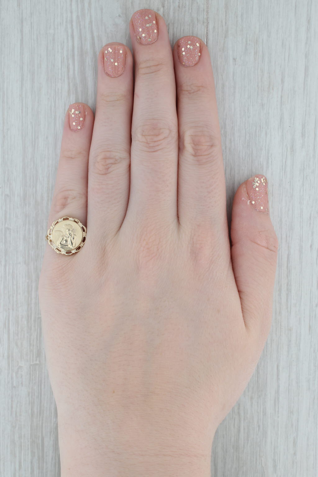 Gray Cherub Guardian Angel Ring 14k Yellow Gold Size 5.25 Coin Signet Style