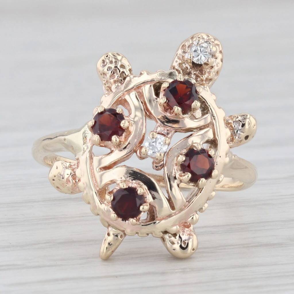 Light Gray Garnet and Diamond Turtle 10k Yellow Gold Size 8 Ring